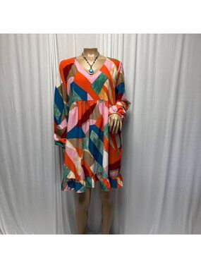 Jodifl Womens Dress Size Large Colorful Abstract Boho Ruffle Hem Playful Shift